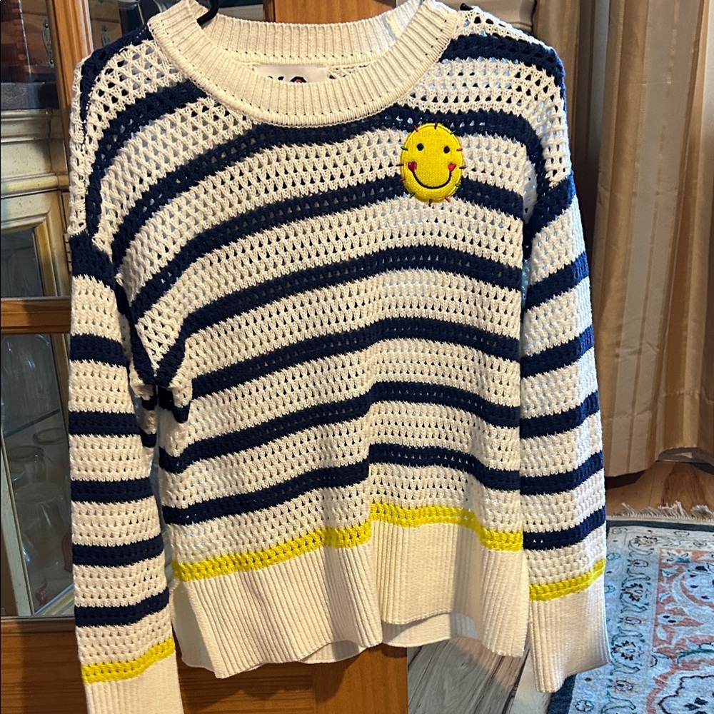 Kerri Rosenthal - Striped Navy and Yellow Sweater with Smiley Patch